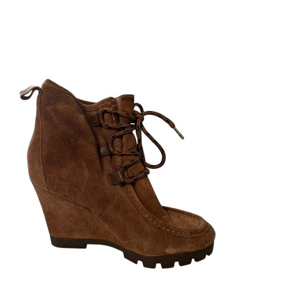 Nine West Chocolate Brown Suede Wedge High Heel Booties 8 Medium Boho Casual - Picture 7 of 8